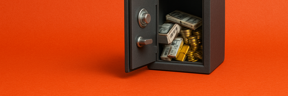 An open safe showing coins and bills inside.