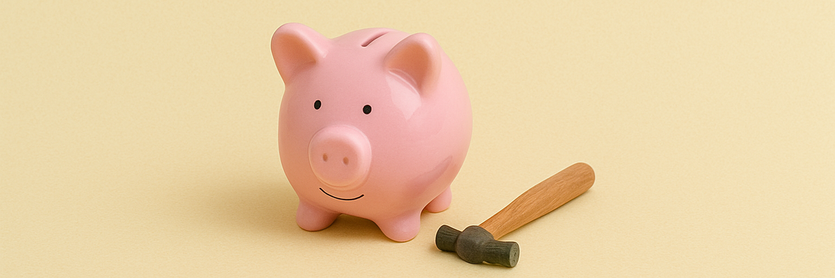 A piggy bank with a small hammer beside it.