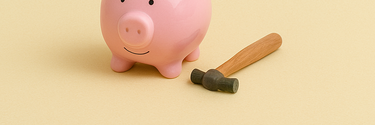 A piggy bank with a small hammer beside it.