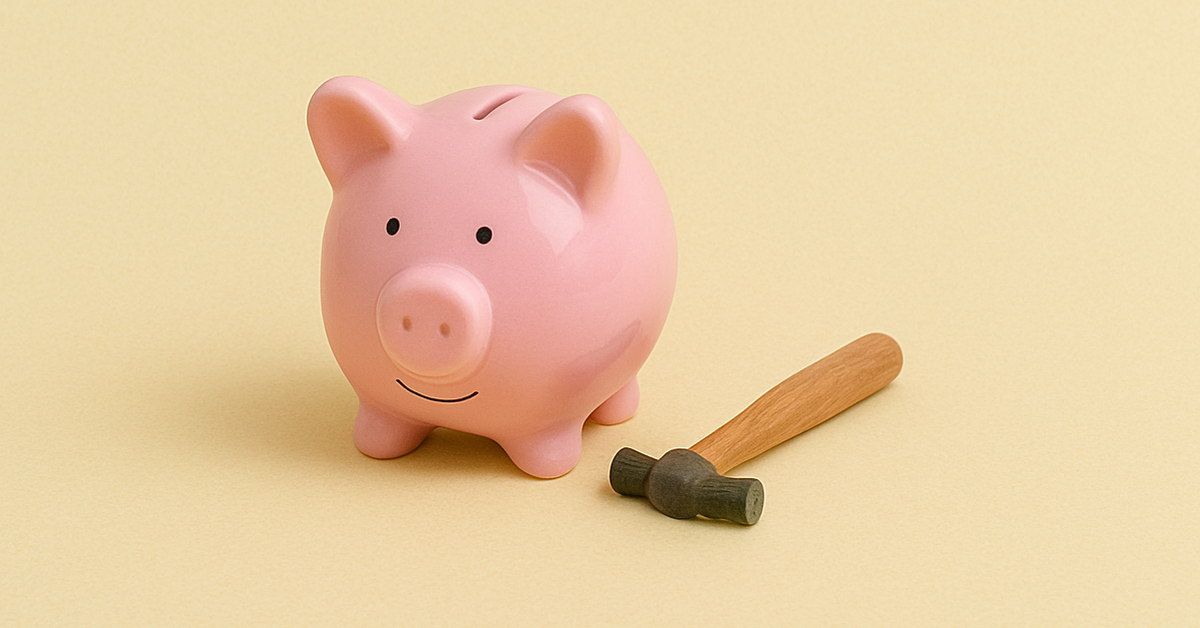 A piggy bank with a small hammer beside it.
