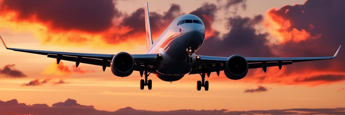 A plane taking off runway with a sunset in the background.