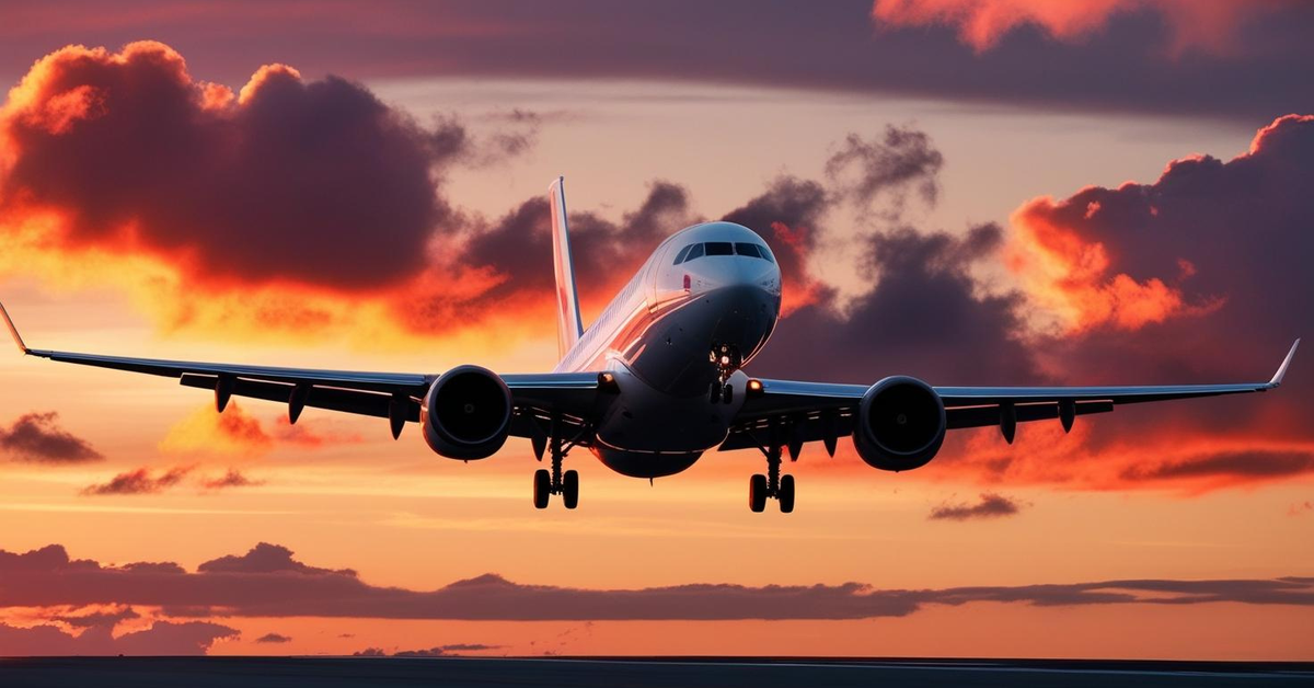 A plane taking off runway with a sunset in the background.