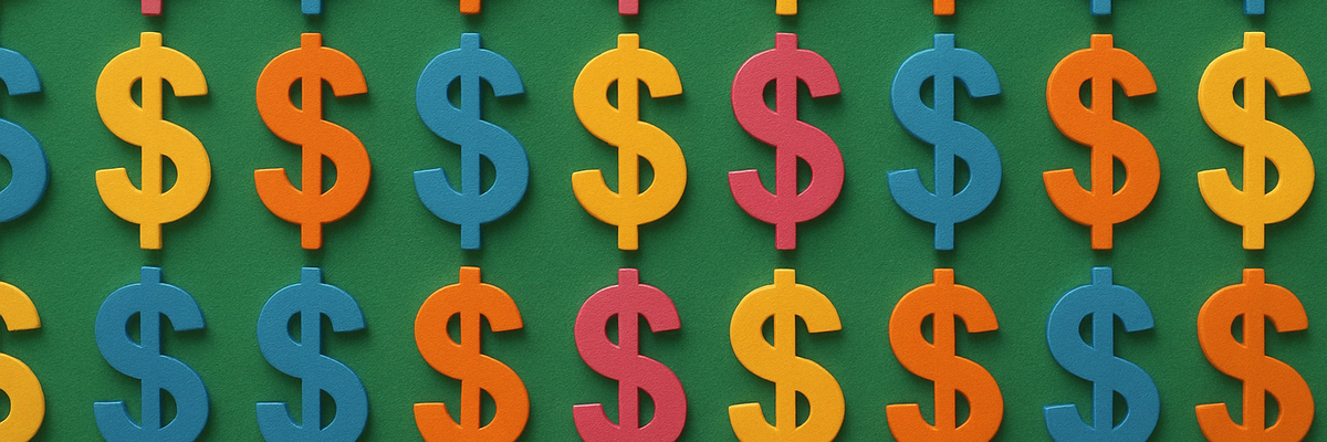 Repeating pattern of dollar signs in bold colors.
