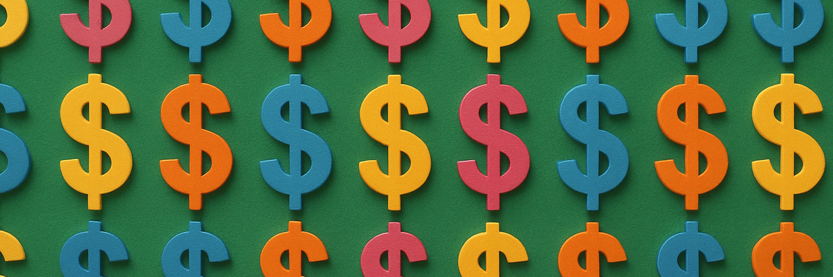 Repeating pattern of dollar signs in bold colors.