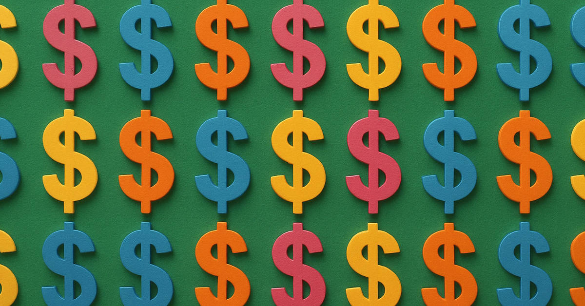 Repeating pattern of dollar signs in bold colors.