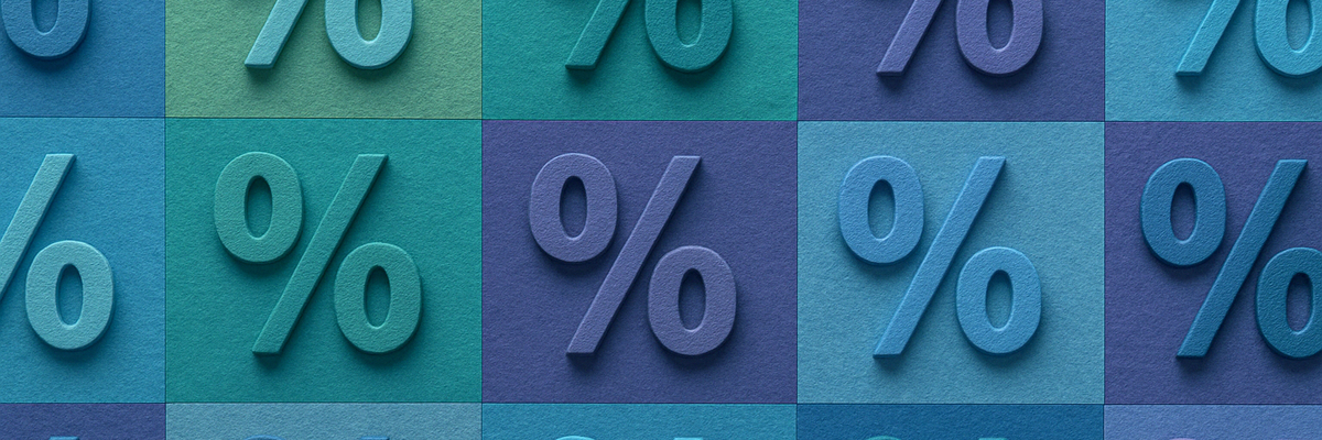Repeating pattern of percentage signs in cool colors.