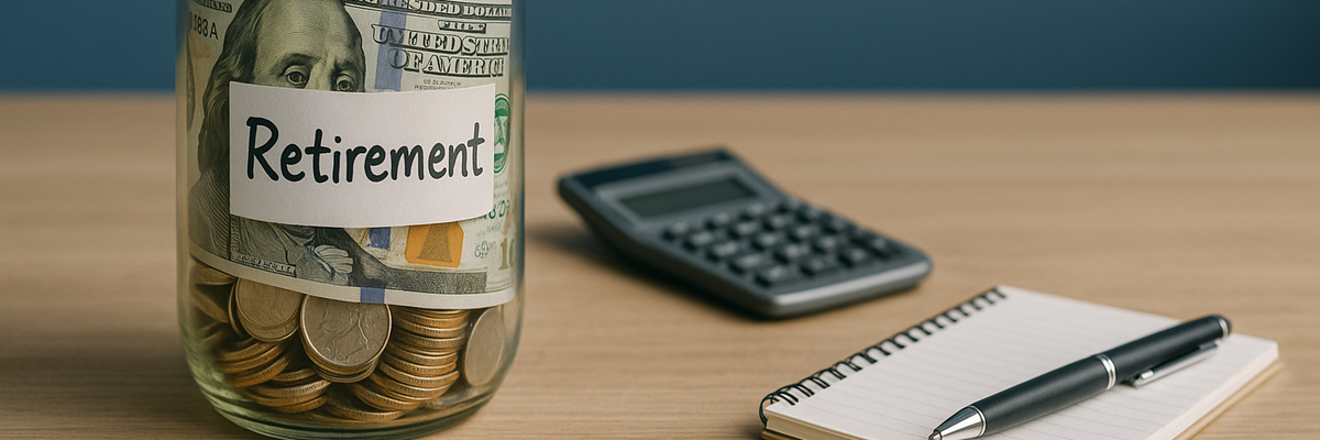 A retirement savings jar full of coins and bills next to a calculator and notepad.