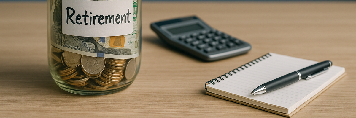 A retirement savings jar full of coins and bills next to a calculator and notepad.