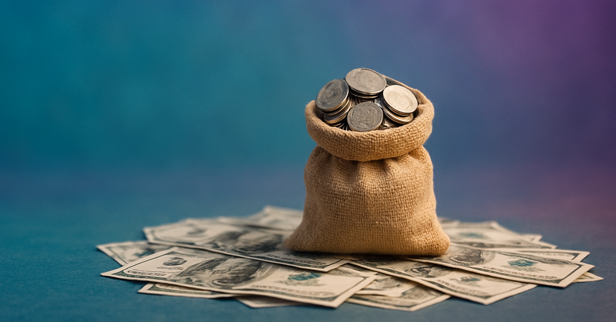 A sack of coins on top of a messy pile of money.
