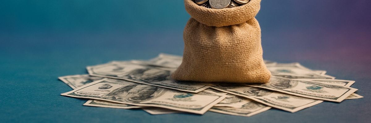 A sack of coins on top of a messy pile of money.