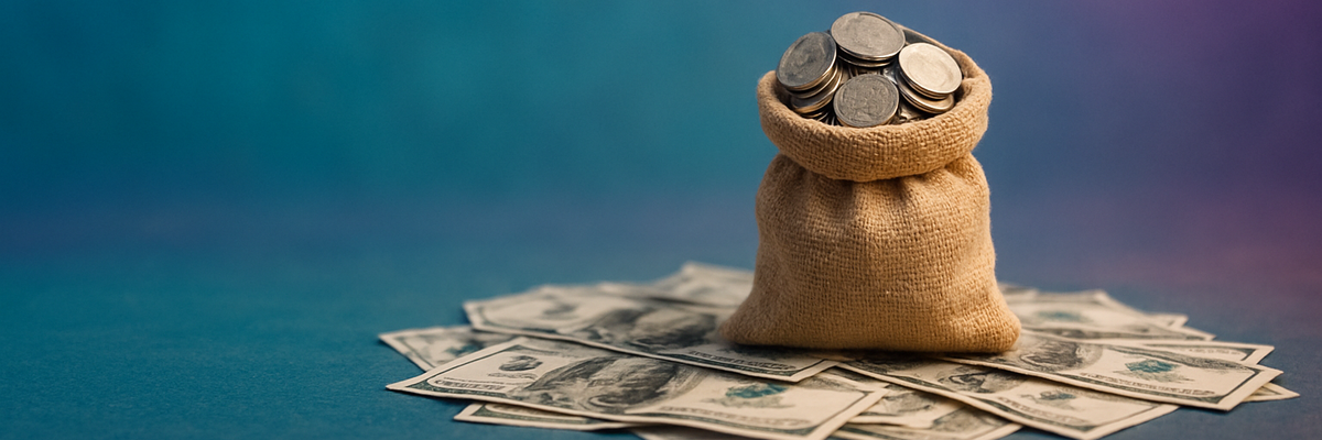 A sack of coins on top of a messy pile of money.