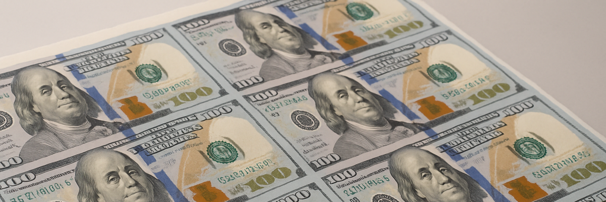 A fresh sheet of newly-minted bills $100 bills.