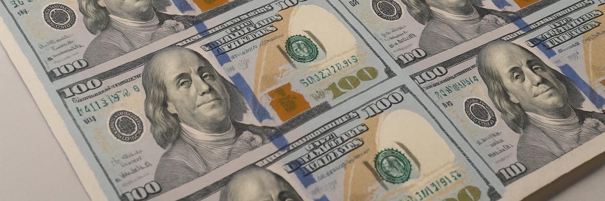 A fresh sheet of newly-minted bills $100 bills.