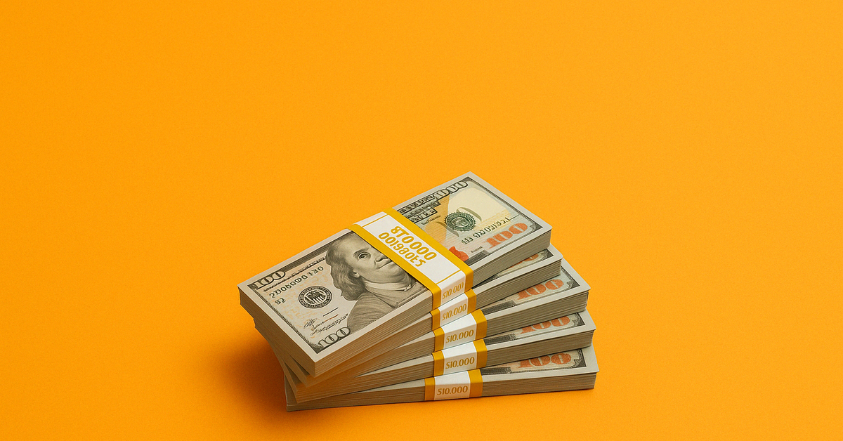 Stacks of cash on a brightly-colored background.