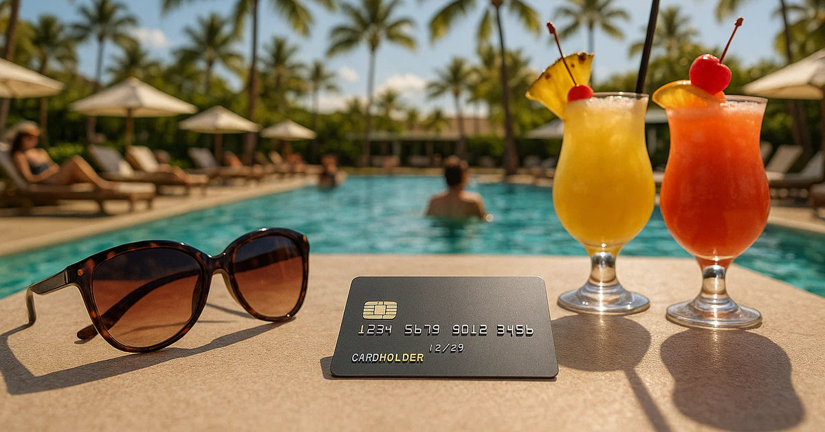 A credit card on a table at a tropical vacation destination.