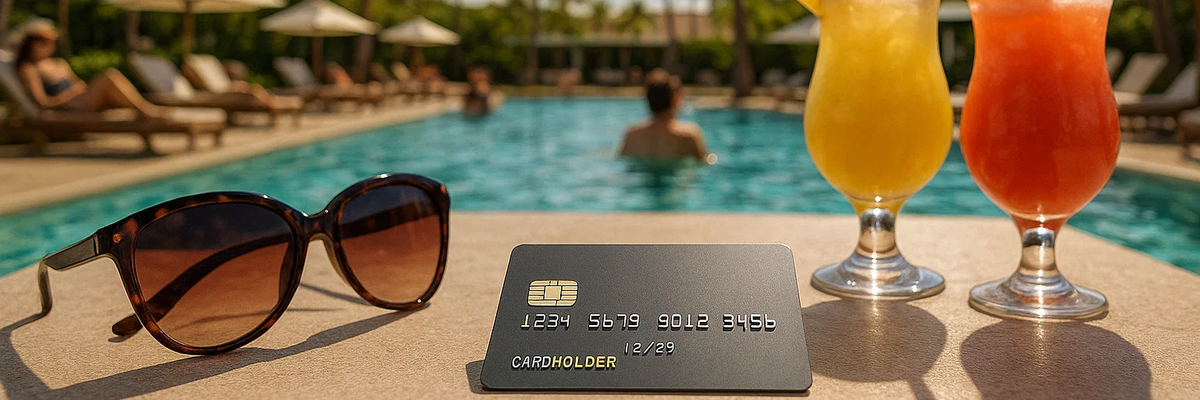 A credit card on a table at a tropical vacation destination.