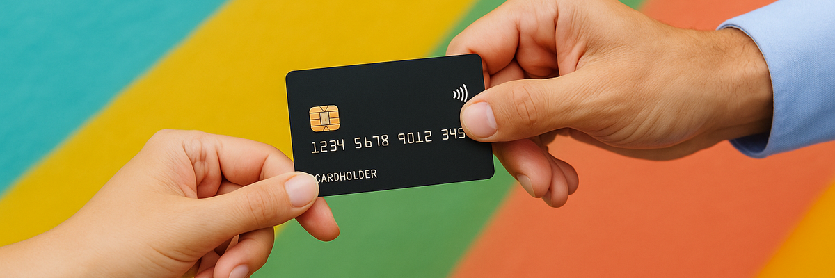 Two hands holding a credit card between them.