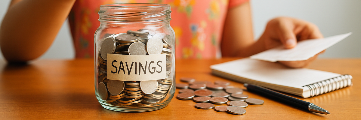 A woman filling a savings jar with coins