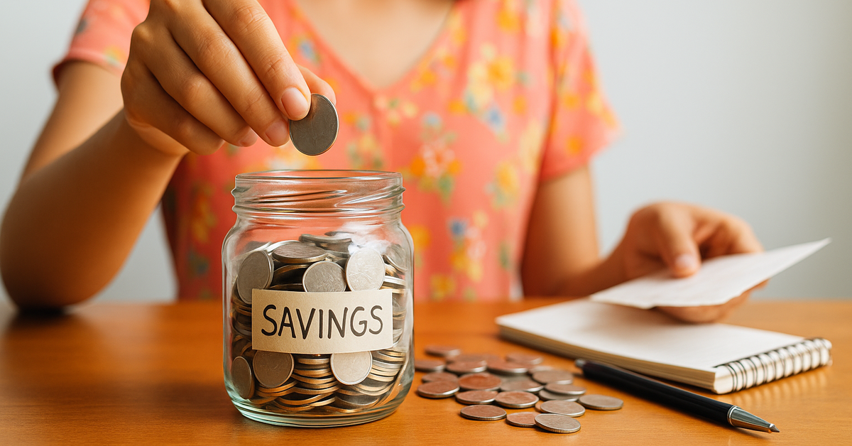 A woman filling a savings jar with coins