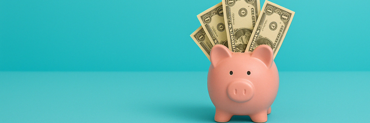 A piggy bank overflowing with dollar bills.