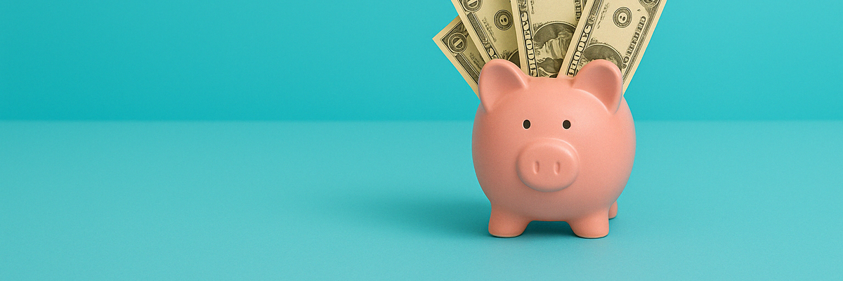 A piggy bank overflowing with dollar bills.