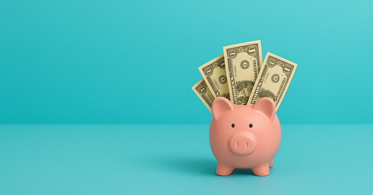 A piggy bank overflowing with dollar bills.