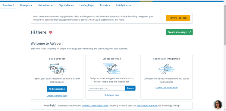 Une vue du tableau de bord principal d'AWeber avec des éléments d'action pour configurer vos campagnes par e-mail.