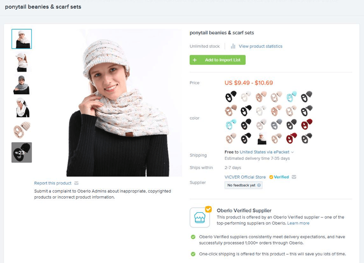 An image of a ponytail beanie and scarf set on Oberlo, including product information such as price, shipping period, supplier, and more.
