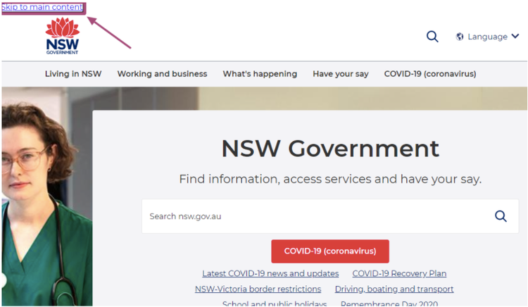 The screenshot shows the NSW homepage with the skip to the main content option enabled.