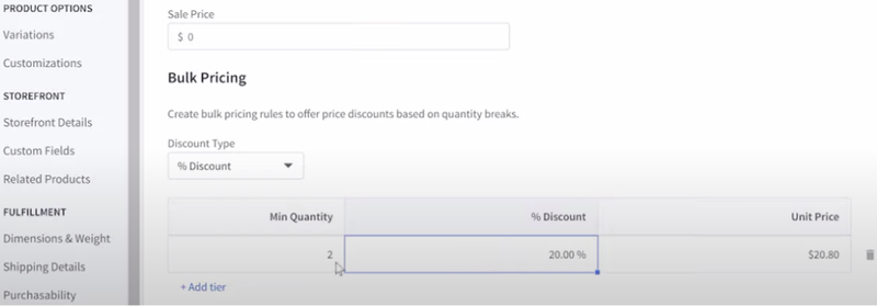 A web page showing where users can set up bulk pricing.