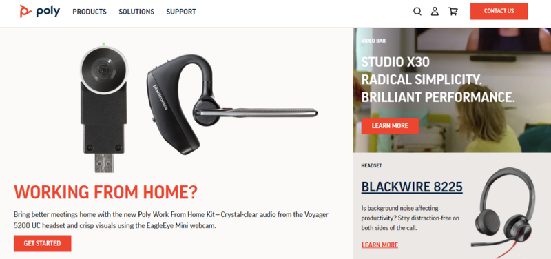 A Poly Solutions webpage showing a mini webcam and headset.