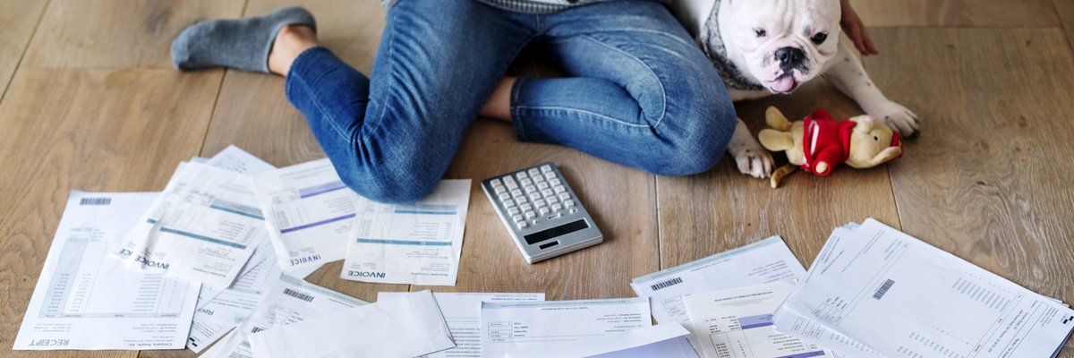 A woman sits on the floor next to her French bulldog and looks at a pile of bills.
