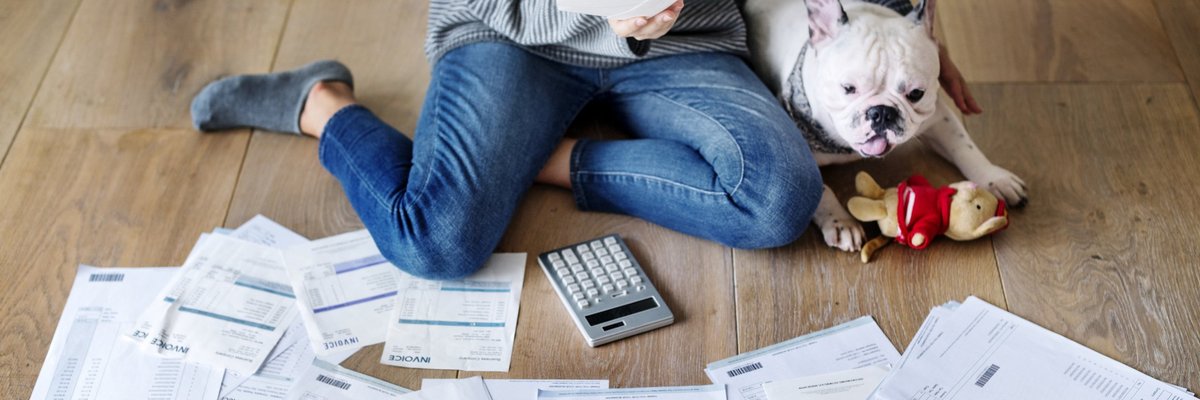A woman and her bulldog looking through a pile of bills on the floor.