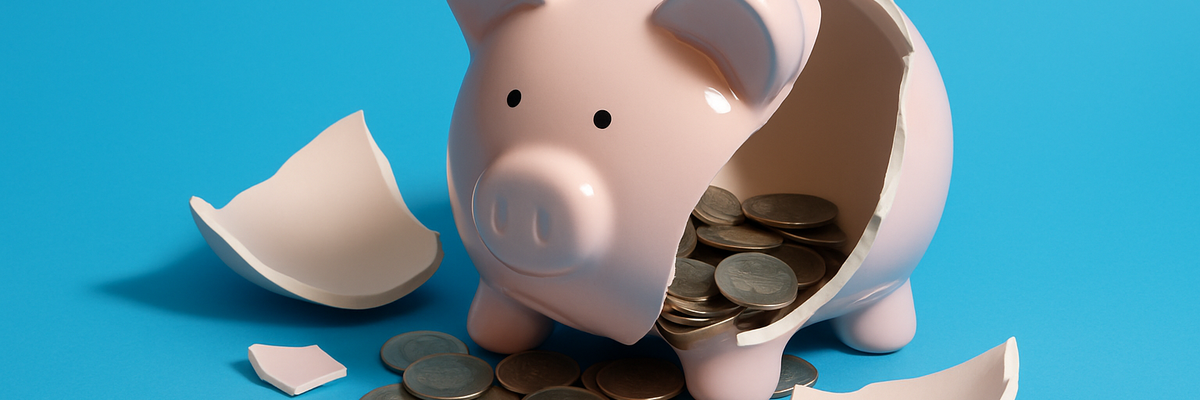 A broken piggy bank spilling out coins set on a blue background.
