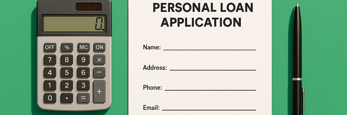 A calculator, loan application, and pen on a green background.