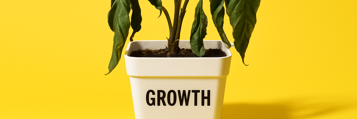 A dying plant labeled "growth" against a yellow background.