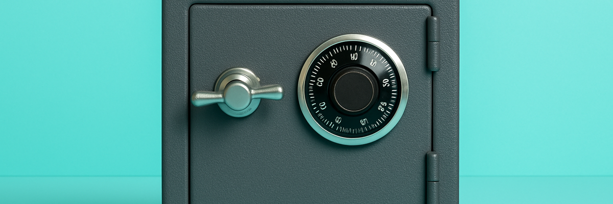 A locked safe against a blue background.