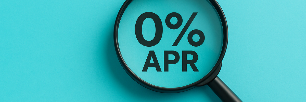 A magnifying glass on top of "0%" against a blue background.