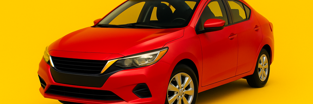 A red sedan vehicle against a yellow background.