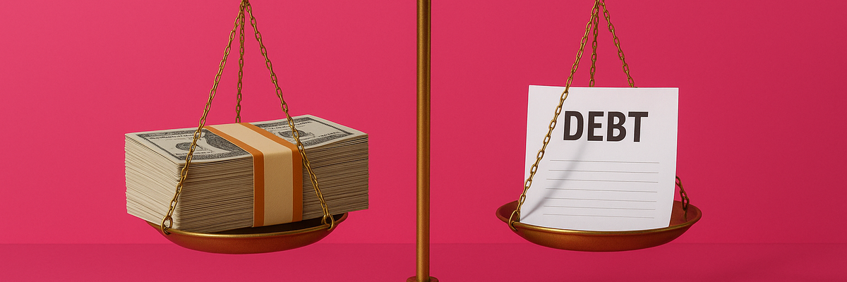 A scale balancing cash on one side and debt on the other.