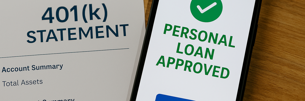 A smartphone showing a loan approved next to a 401k statement.