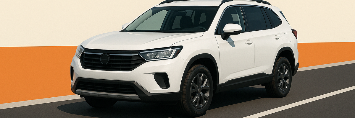 A white SUV on a road with beige and orange background.