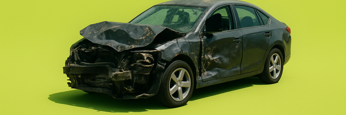 A wrecked vehicle on a lime green background.