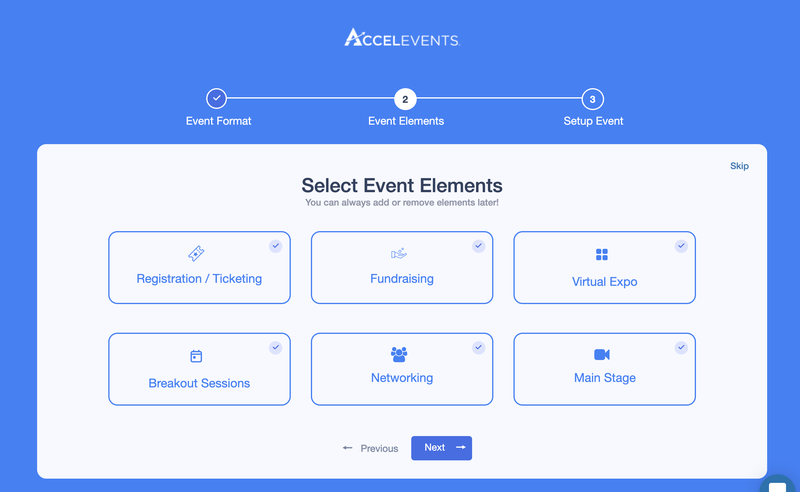 The Accelevents setup screen with six boxes that list the event elements.