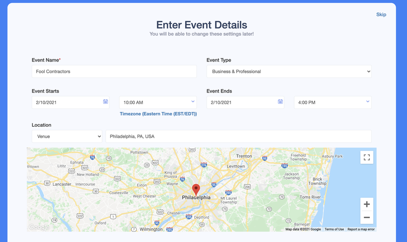 A form with fields to enter event details on the top half of the webpage, and map on the bottom with a pin drop locator to illustrate the event location.