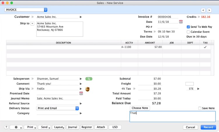AccountEdge Pro invoice builder with standard fields for creating an invoice.