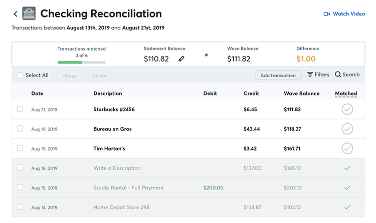 Checking the reconciliation screen in Wave Accounting displays all debits and credits for the month.