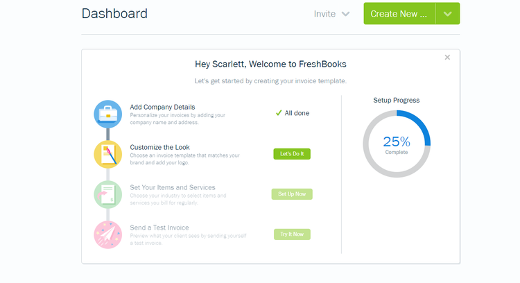 FreshBooks accounting software home page with pie chart of set up progress