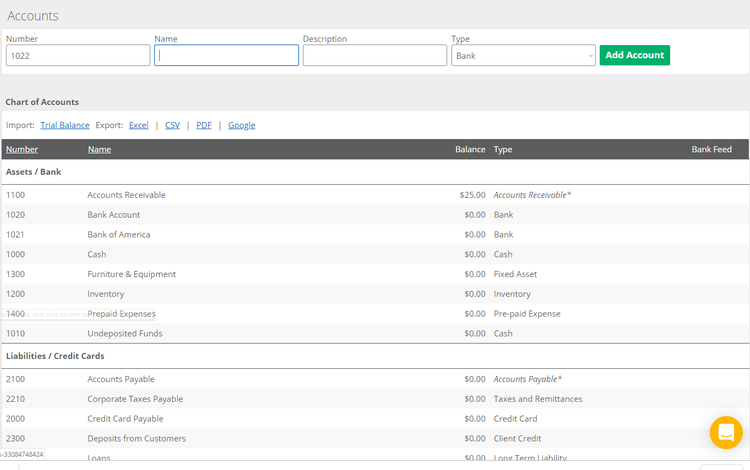 Kashoo accounting software default chart of accounts screen