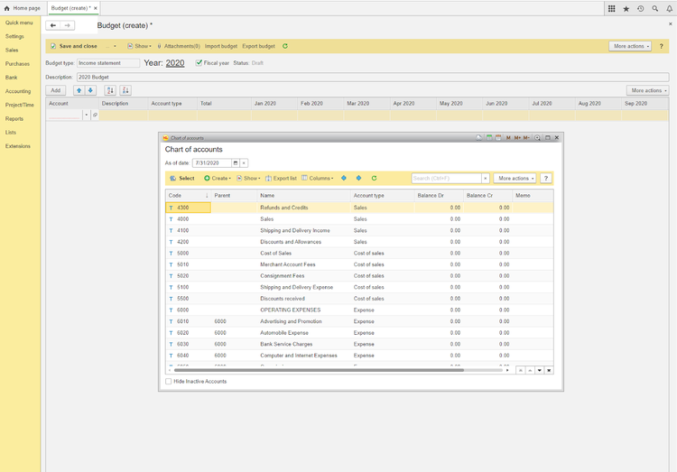 AccountingSuite screenshot with new budget creation option and chart of accounts displayed